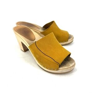 Bryr Clogs Women 36 Mustard Yellow Leather Peep Toe Wood Block Heel Mules